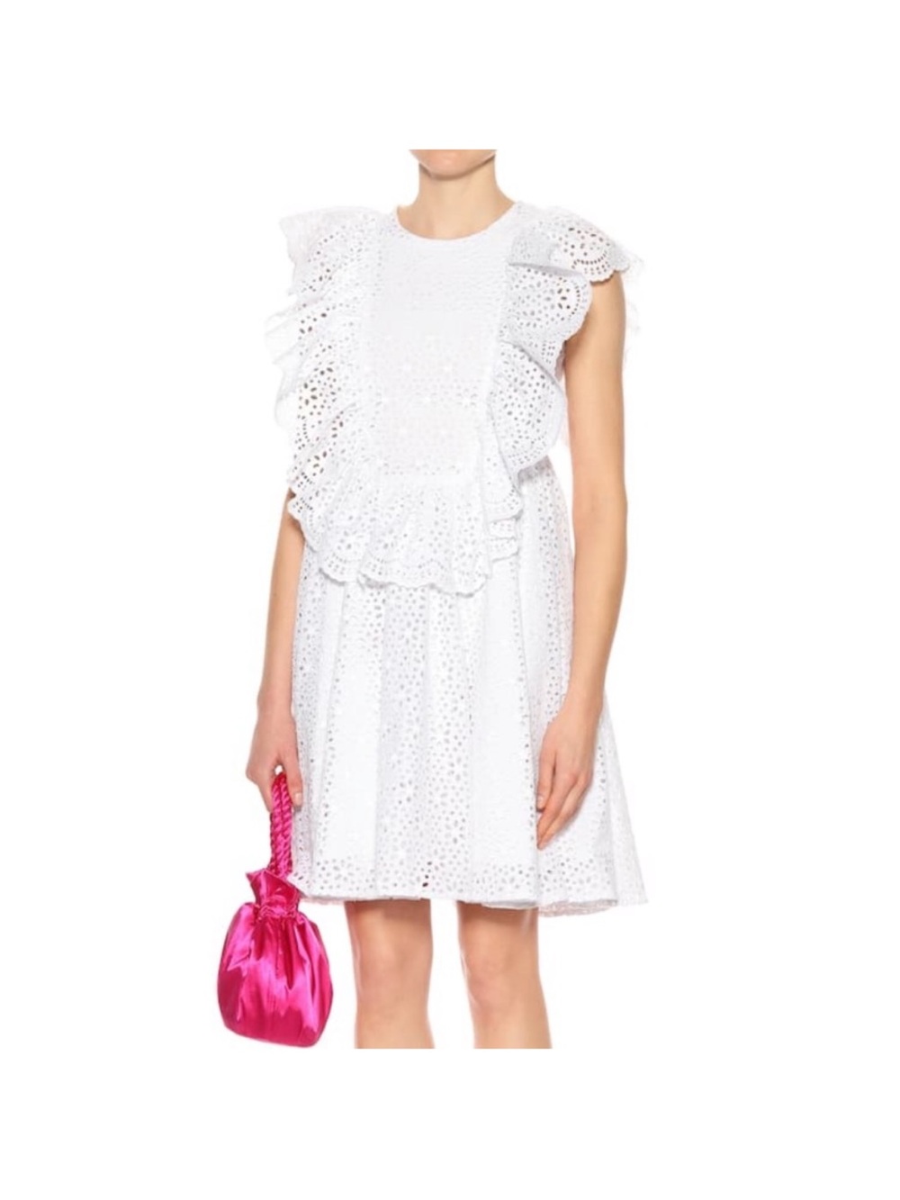 MSGM White Cotton Broderie Anglaise Ruffle Dress Size 38 XS Pockets